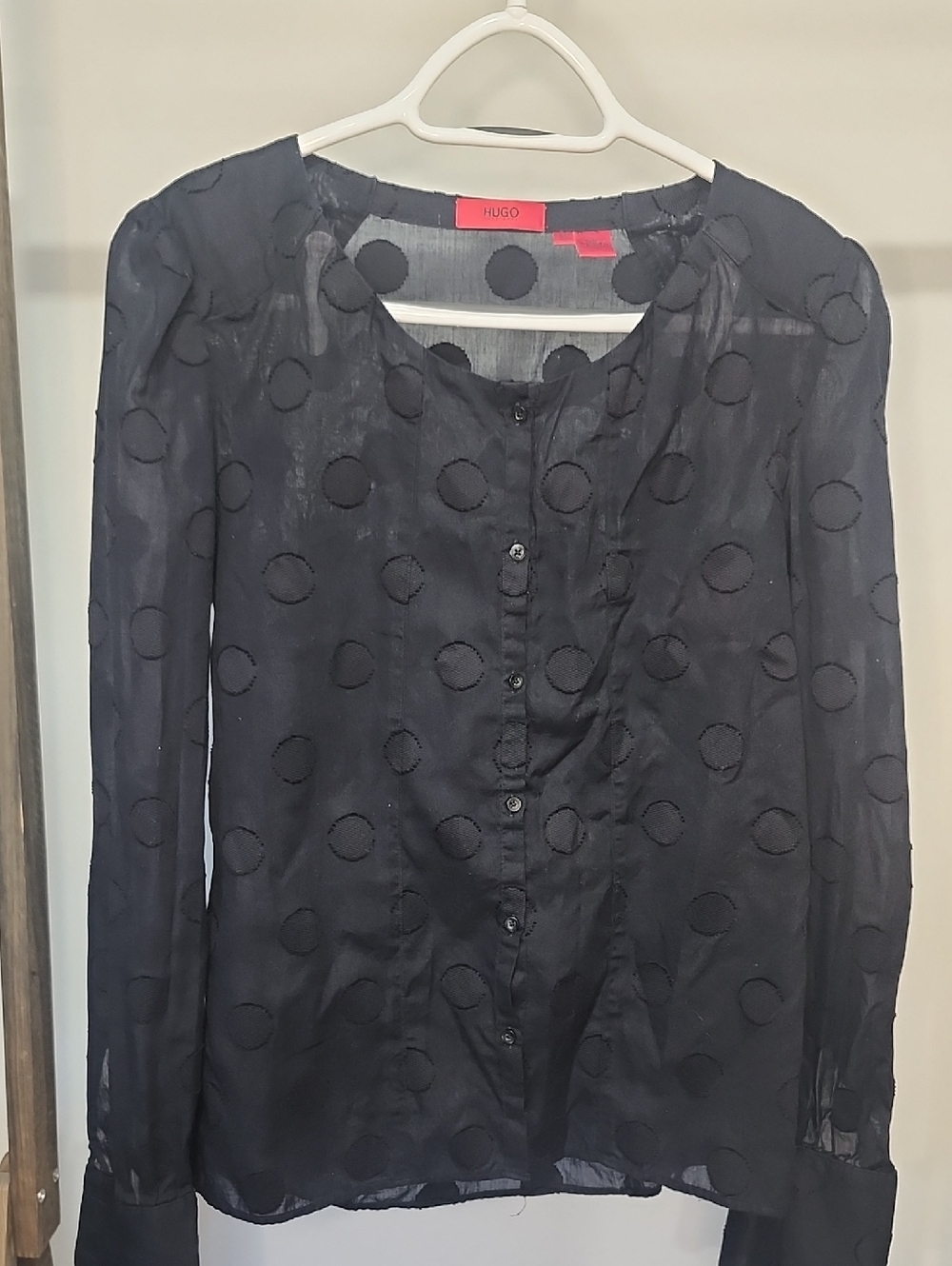 Hugo Boss Black Sheer Polka Dot Button-Up Blouse. Business Casual